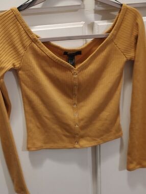 Mustard Ribbed Button-Front Long Sleeve Top